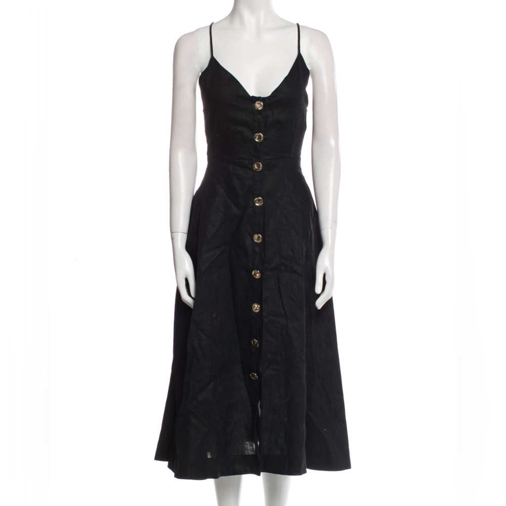 NICHOLAS Black Linen Midi Dress Sz S 4 Gold Button-Down Spaghetti Strap